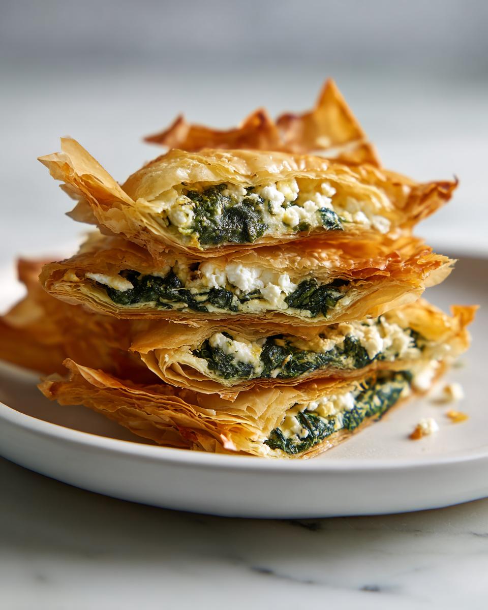 A stack of four golden, flaky Mediterranean Spinach and Feta Cheese Crisps showing the rich spinach and white feta filling.