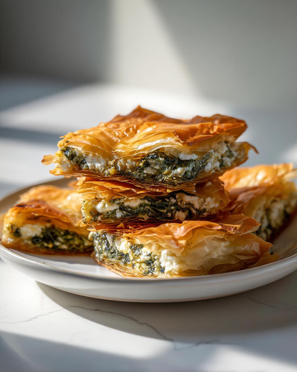 A stack of golden, flaky Mediterranean Spinach and Feta Cheese Crisps on a white plate.