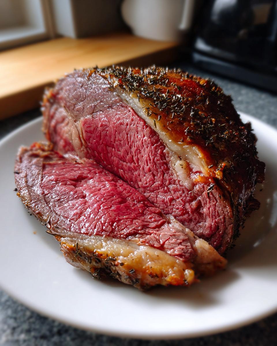 Close-up of a thick slice of medium-rare prime rib recipe roast with a dark, herbed crust on a white plate.