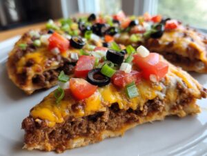 A close-up slice of Mexican pizza showing layers of seasoned beef, melted cheddar cheese, and fresh toppings like tomatoes and olives.