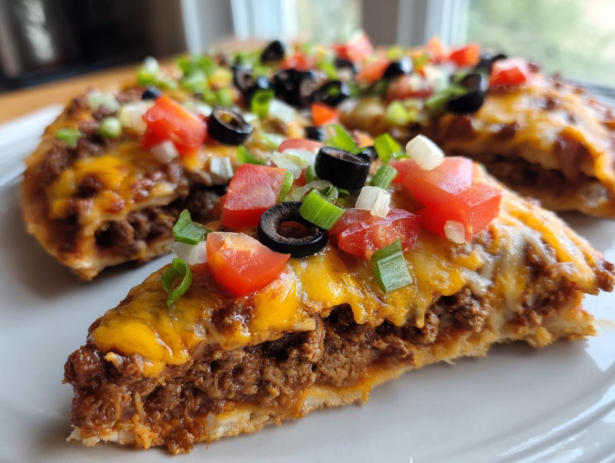A close-up slice of Mexican pizza showing layers of seasoned beef, melted cheddar cheese, and fresh toppings like tomatoes and olives.
