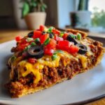 A close-up slice of a rich mexican pizza topped with melted cheese, ground beef, diced tomatoes, black olives, and green onions.