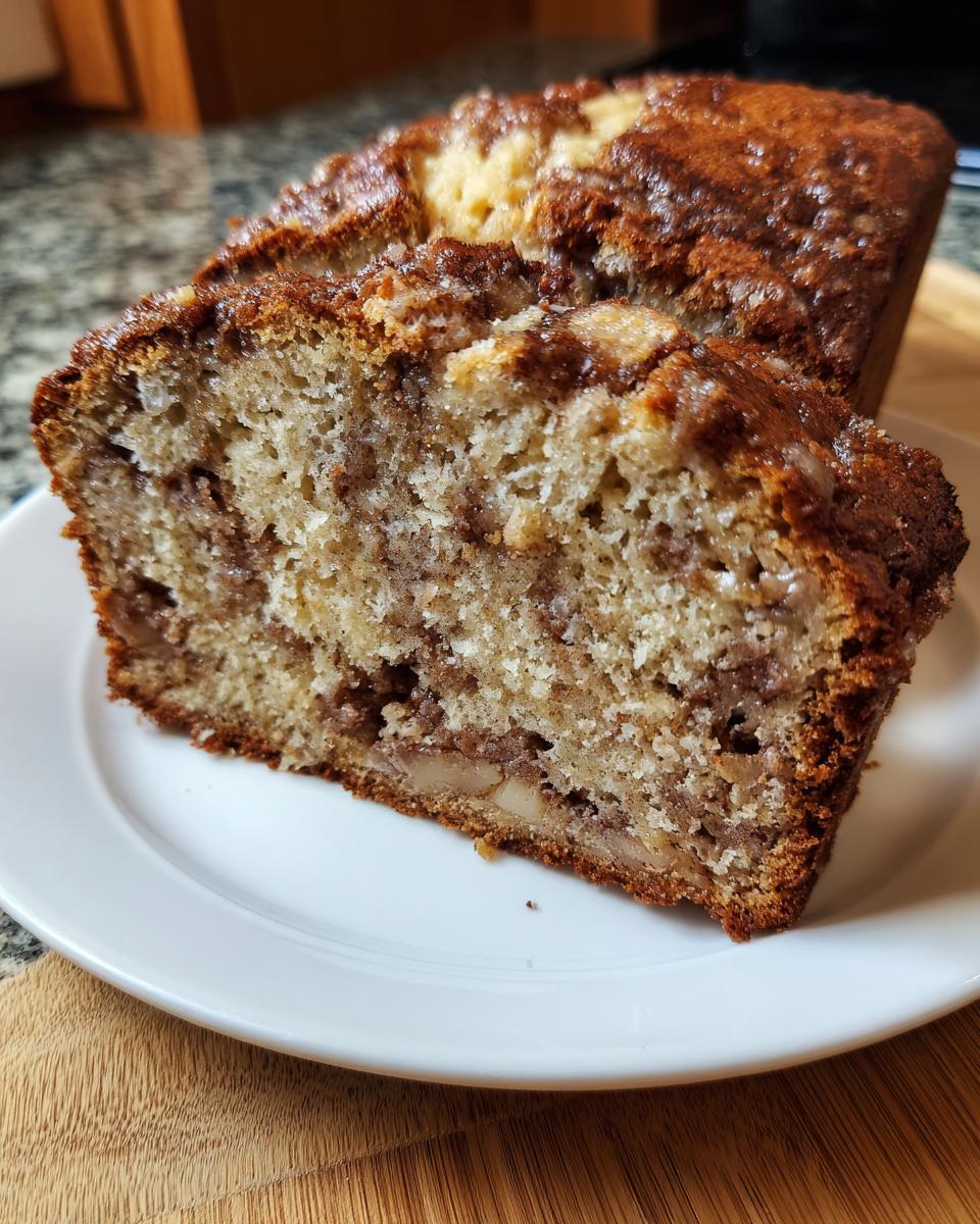 A close-up of a thick slice of moist apple bread showing cinnamon swirl and chunks of apple.