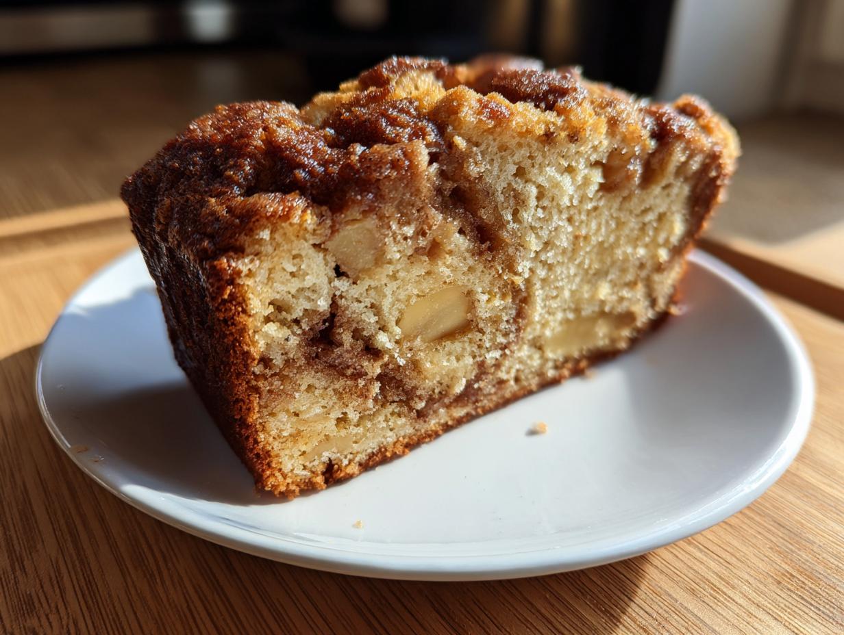 A close-up of a moist slice of apple bread with visible apple chunks and a cinnamon swirl topping.