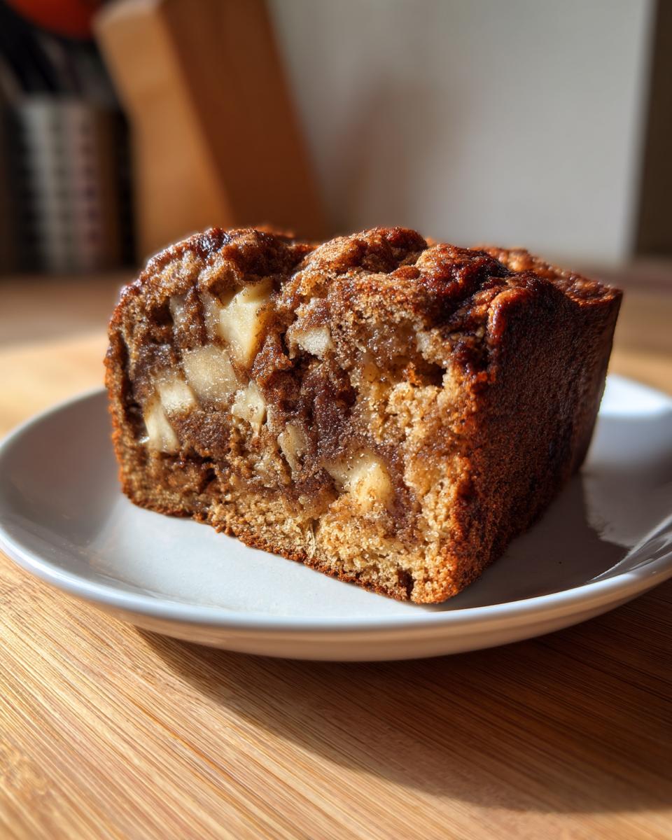 A close-up of a moist slice of apple bread, showing chunks of apple and a rich brown crumb, served on a small white plate.