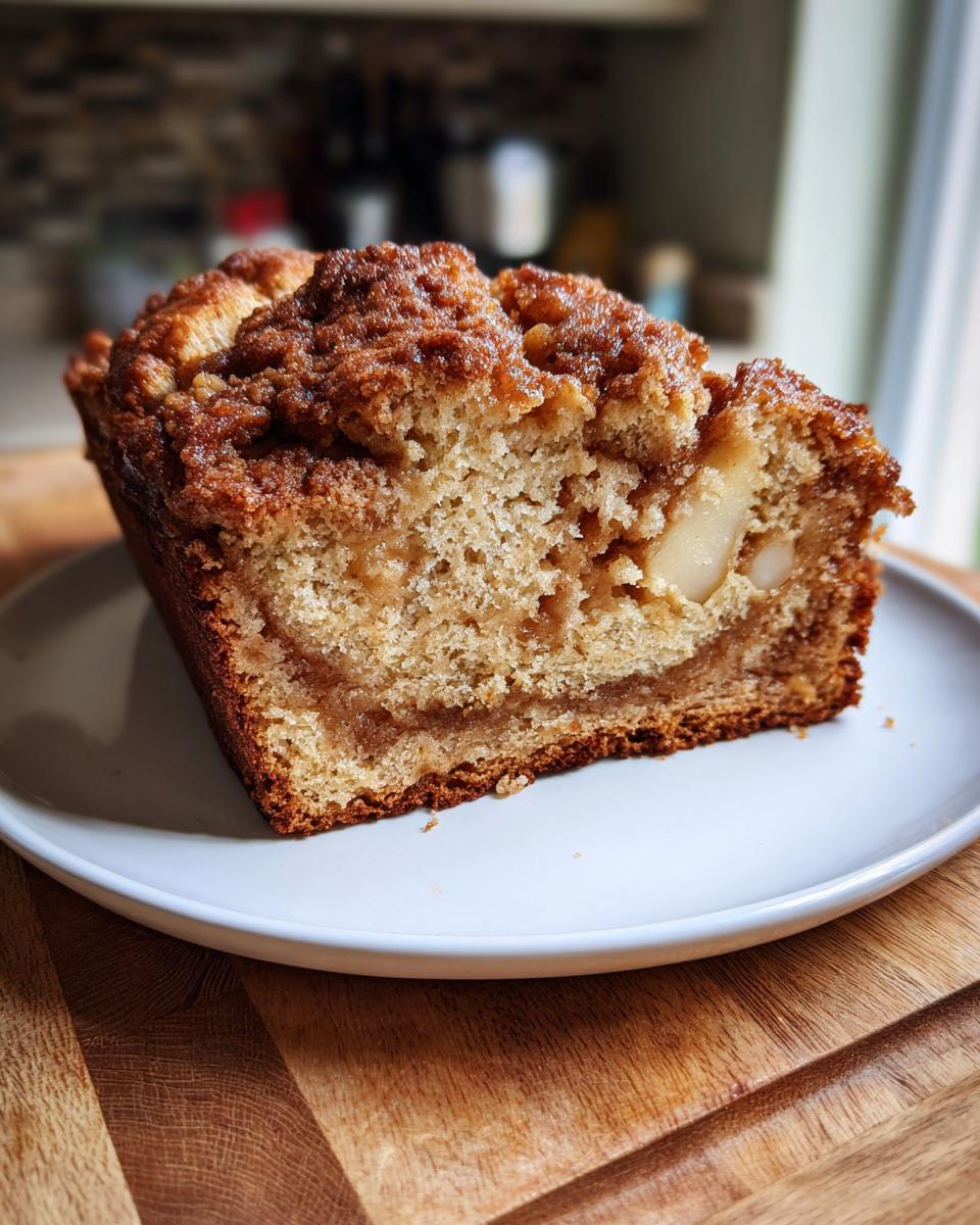A thick slice of moist apple bread with a cinnamon swirl and crumb topping, sitting on a white plate.