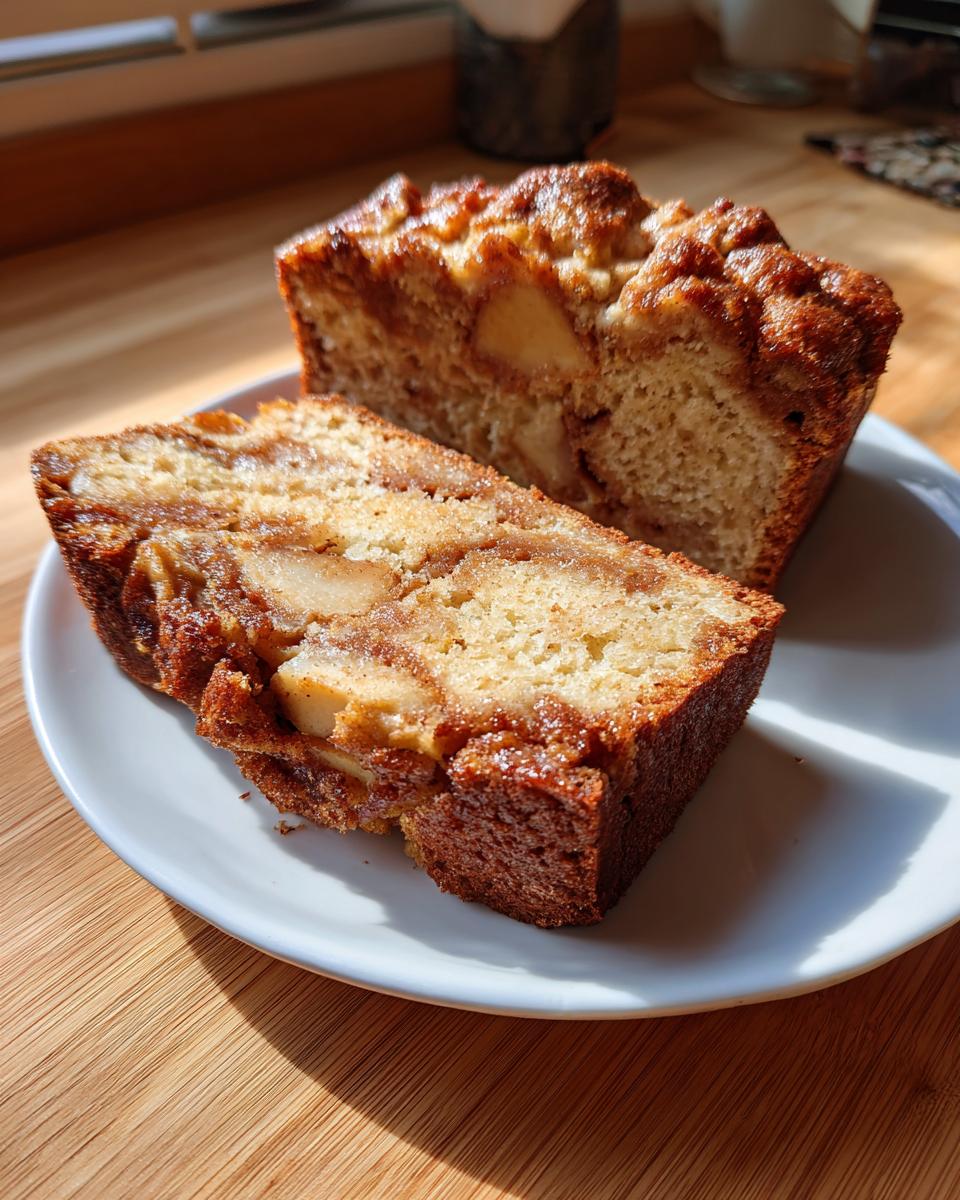 Two slices of moist apple bread with visible cinnamon swirl and chunks of apple on a white plate.