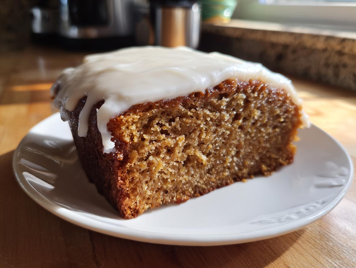 A moist slice of applesauce cake topped with thick white frosting, sitting on a white plate.
