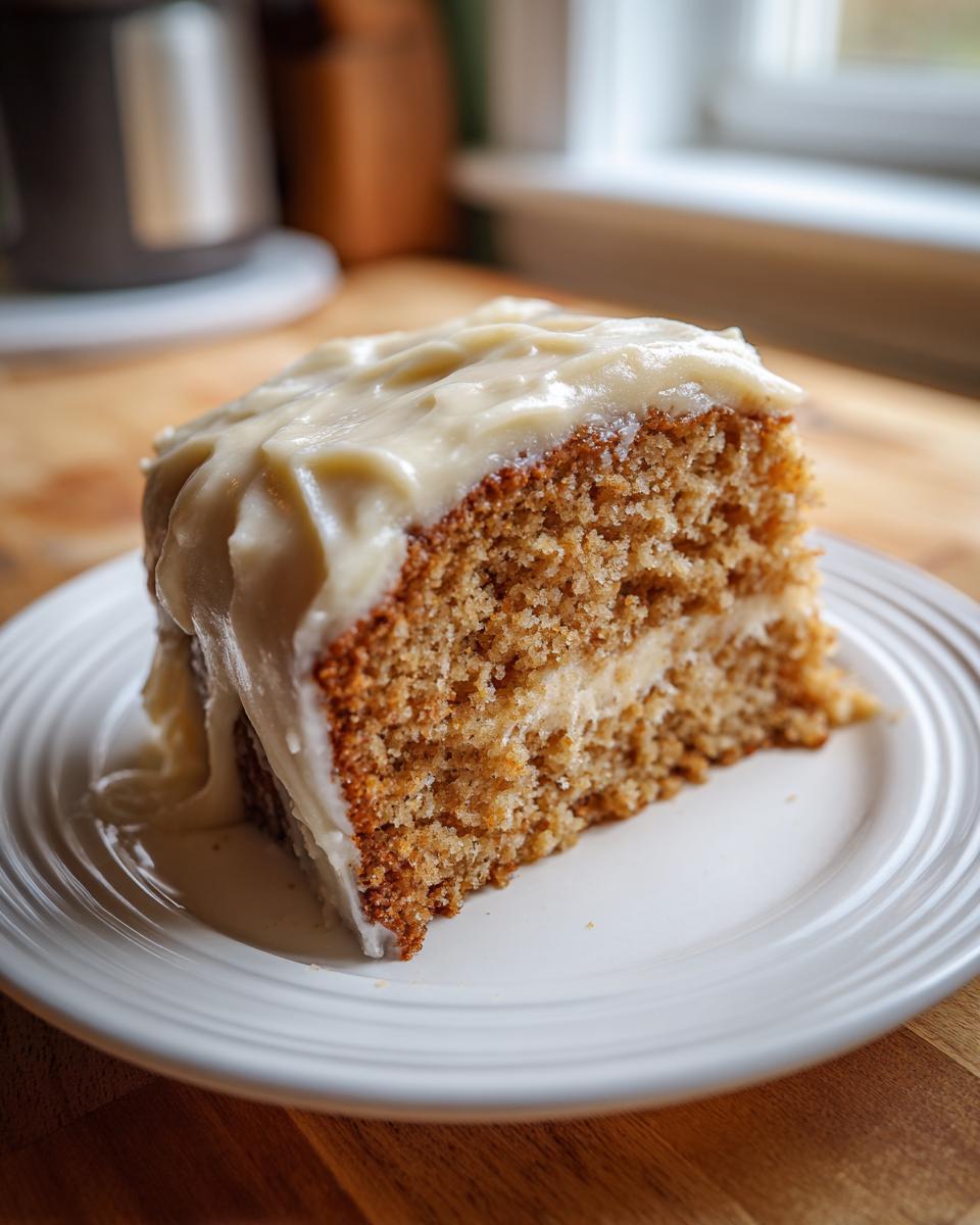 A generous slice of moist applesauce cake layered with frosting, sitting on a white plate.