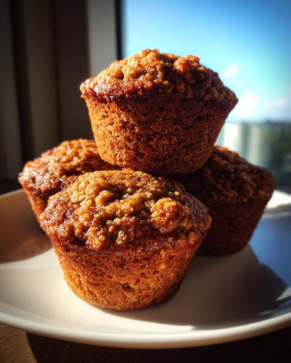 A stack of four moist bran muffins with crumb topping, dramatically lit by sunlight.