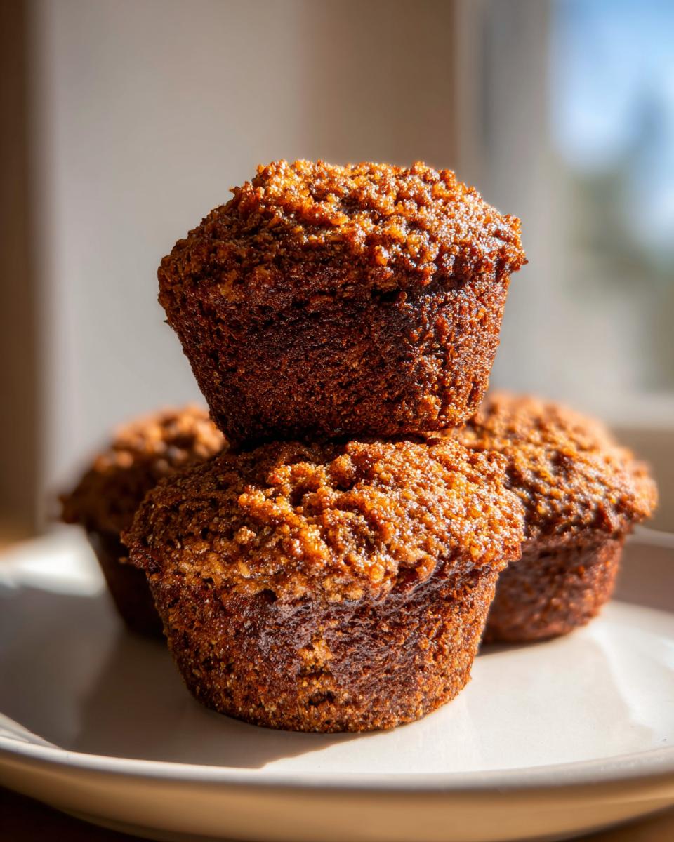 A stack of three dark brown, moist bran muffins with crumbly tops sitting on a white plate.