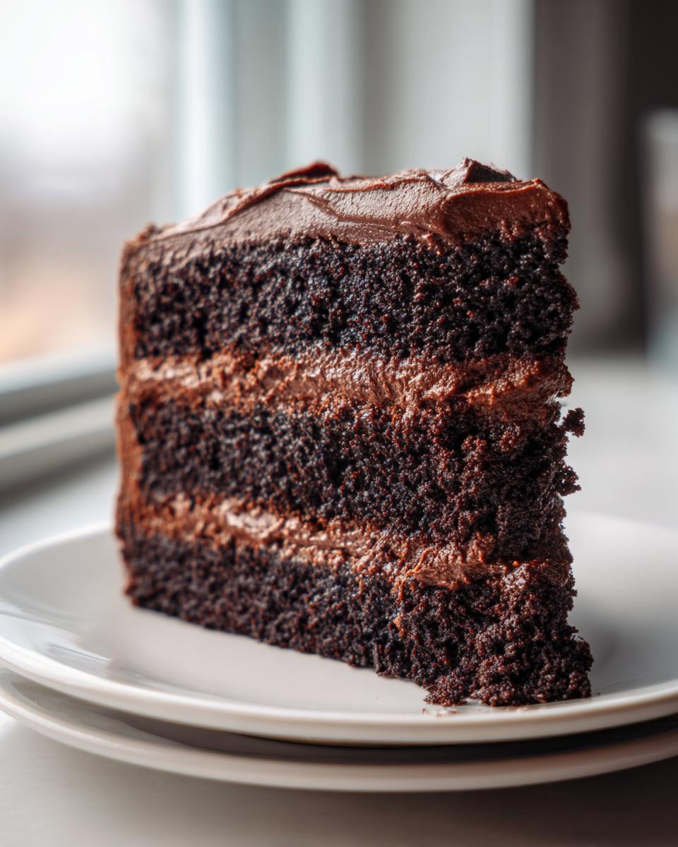 Close-up of a moist, three-layer slice of dark chocolate cake with rich chocolate frosting.