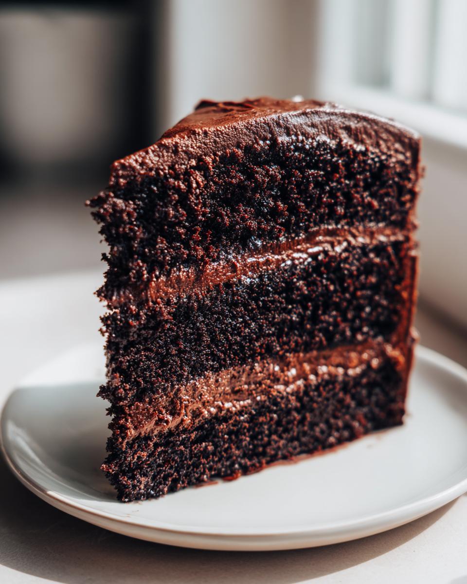 A close-up of a rich, moist slice of three-layer chocolate cake with dark frosting on a white plate.