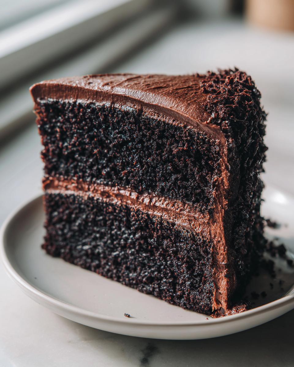 A tall, moist slice of two-layer chocolate cake with rich chocolate frosting and sprinkles.