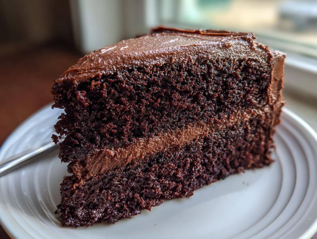 Close-up of a moist slice of dark chocolate cake with a layer of chocolate frosting filling and thick chocolate frosting topping.