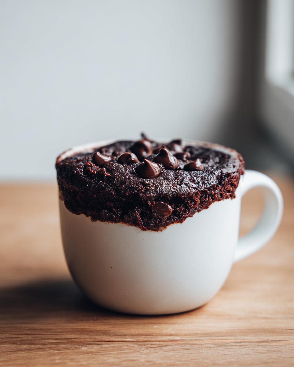 Close-up of a moist chocolate mug cake overflowing a white mug, topped with melted chocolate chips.