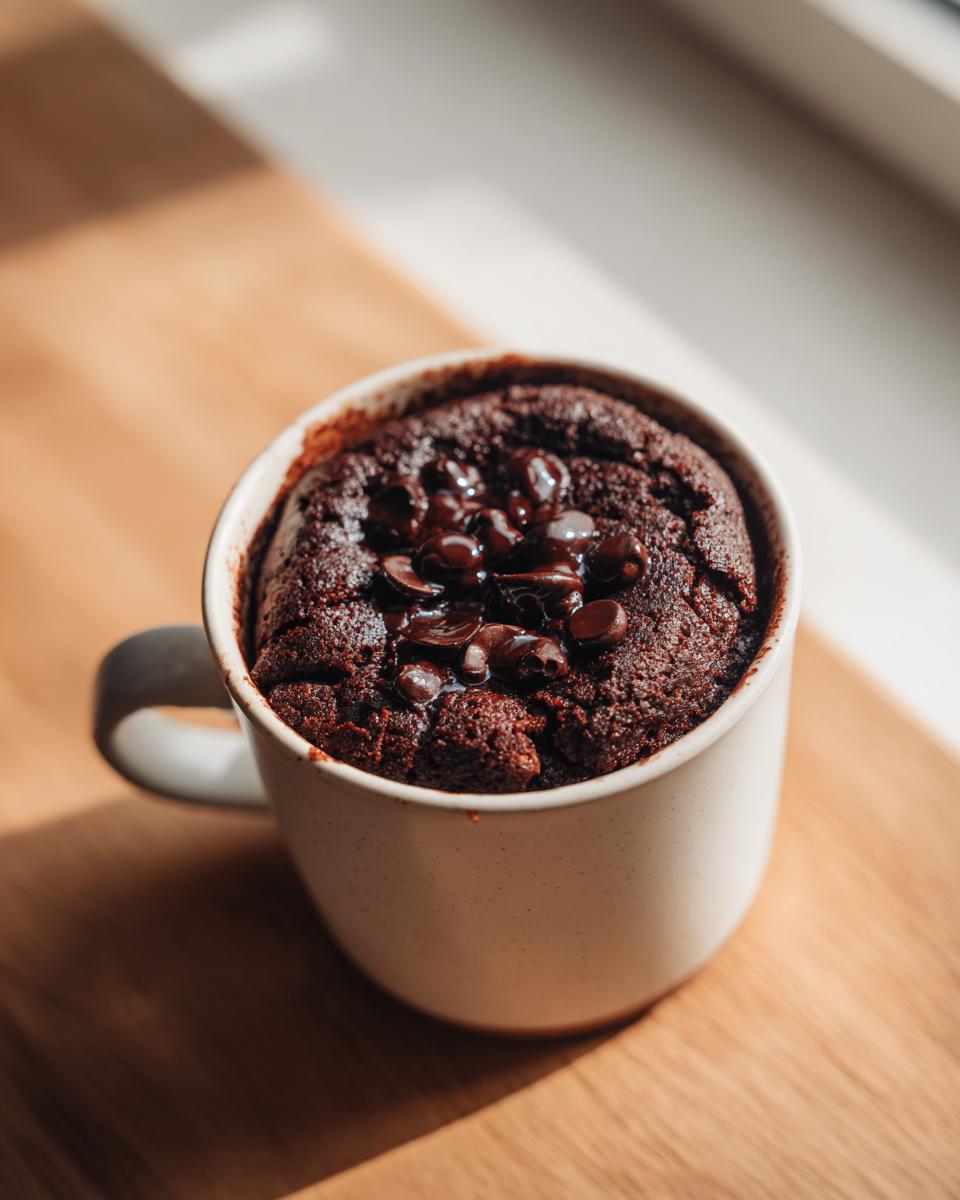 Close-up of a rich, dark chocolate mug cake topped with melted chocolate chips, ready to eat.