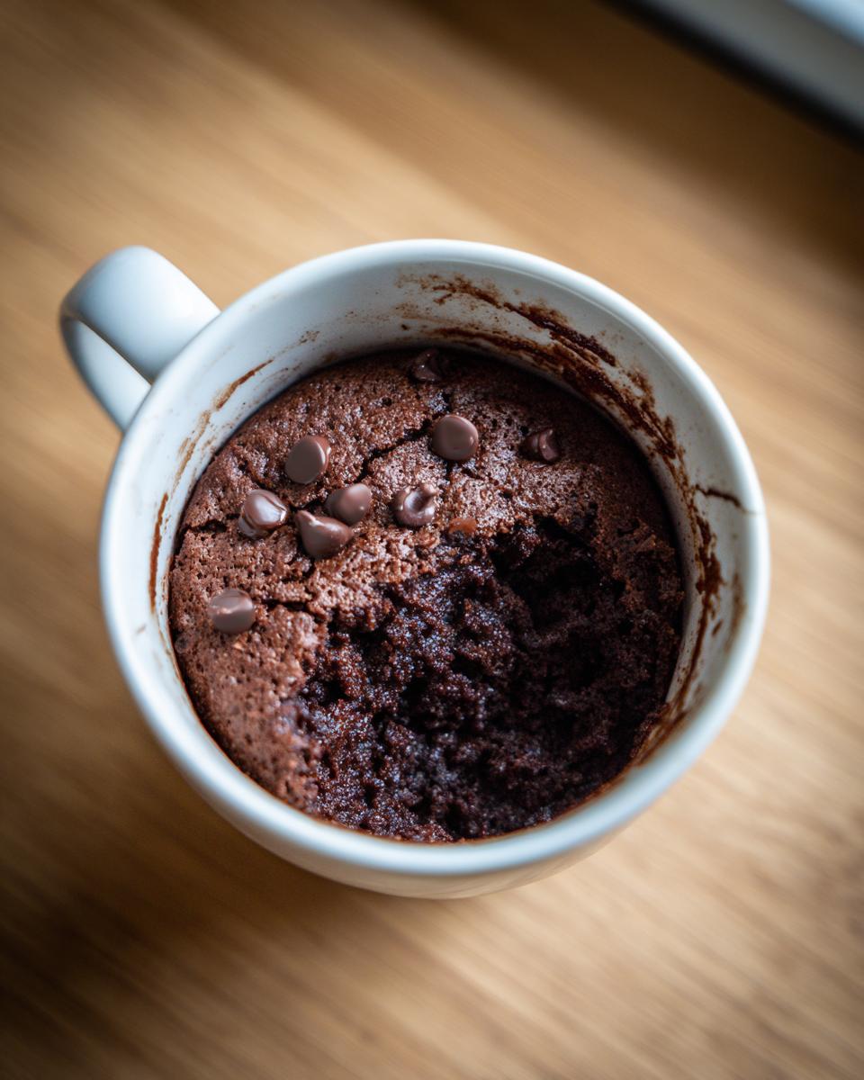 Overhead view of a freshly baked, moist chocolate mug cake topped with chocolate chips.