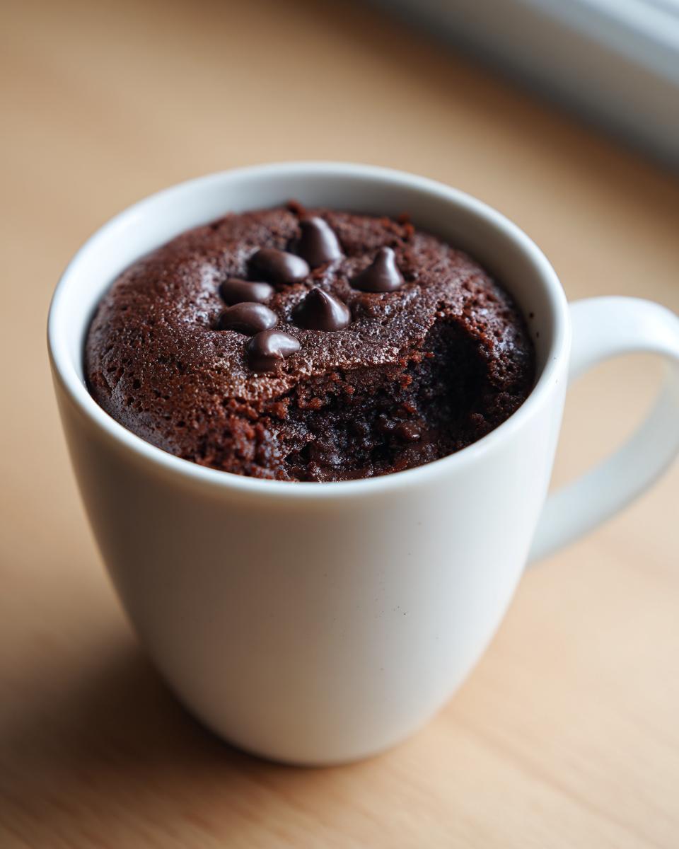 Close-up of a moist chocolate mug cake topped with melted chocolate chips in a white mug.