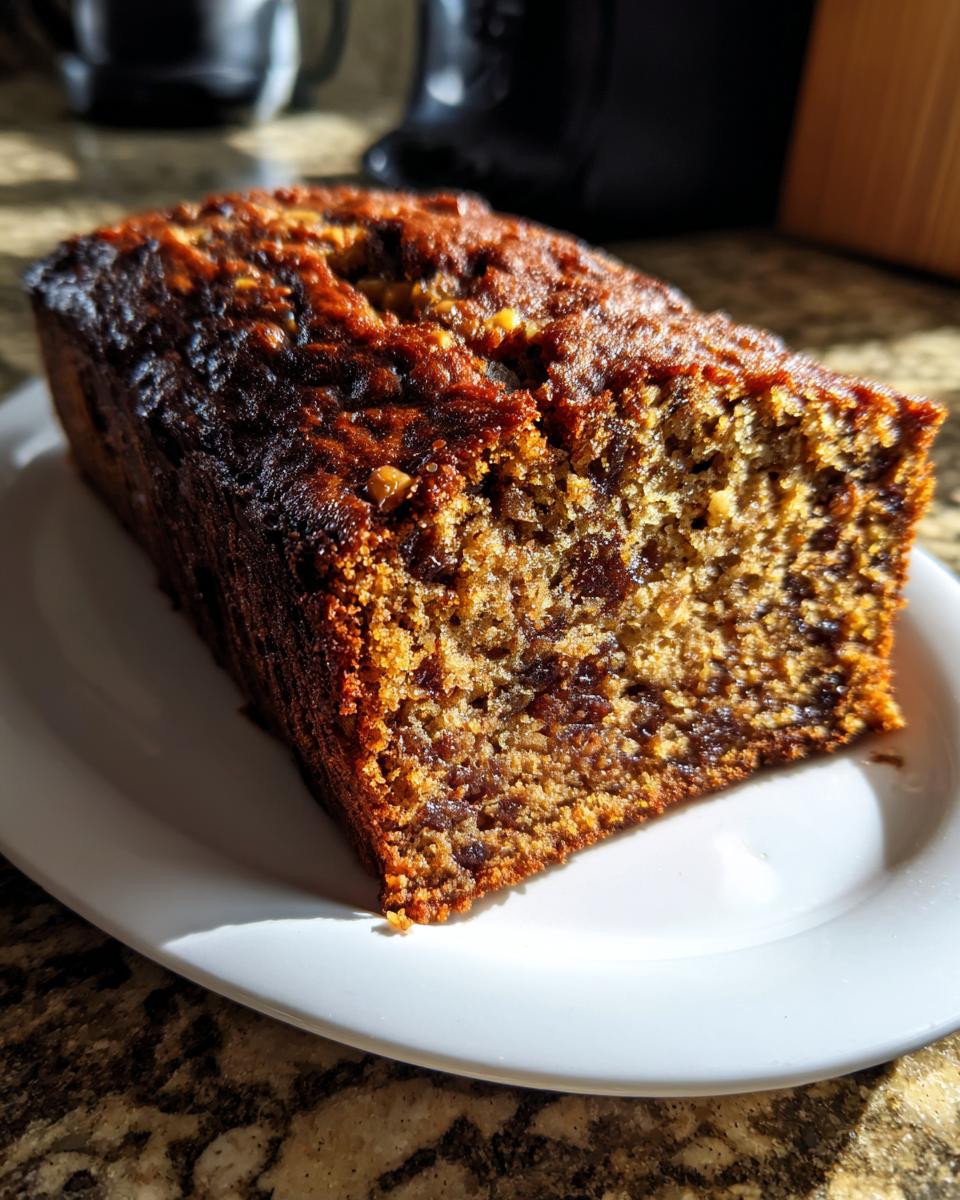 A close-up of a freshly baked, moist date nut bread loaf, showing its dark crust and rich, dense interior.