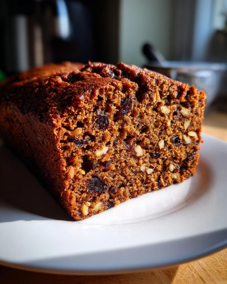 Close-up of a moist slice of date nut bread showing visible nuts and dried fruit texture.