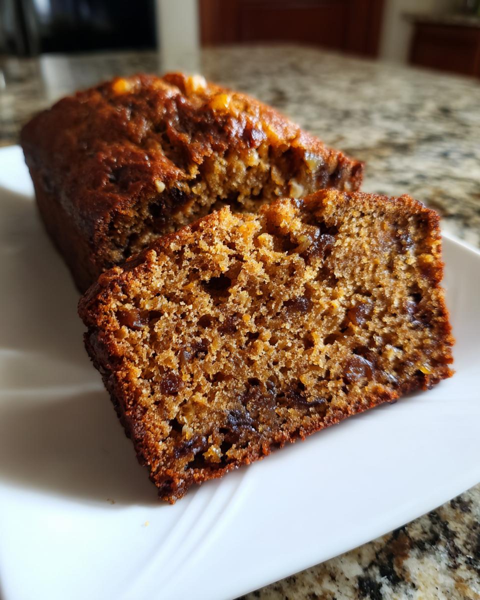 Close-up of a moist slice of date nut bread showing the dark, rich interior texture filled with dates and nuts.