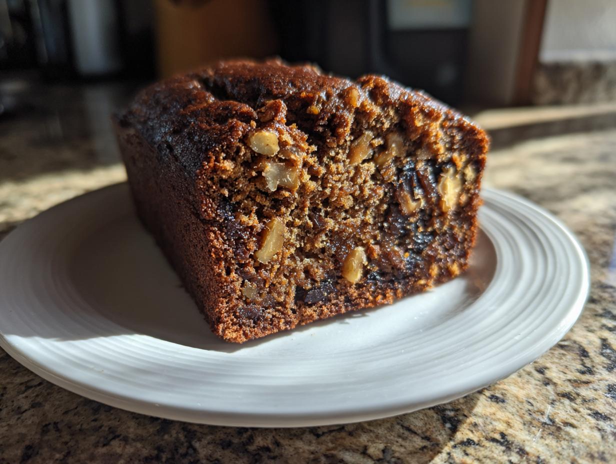 A close-up of a moist slice of dark date nut bread studded with walnuts, resting on a white plate.