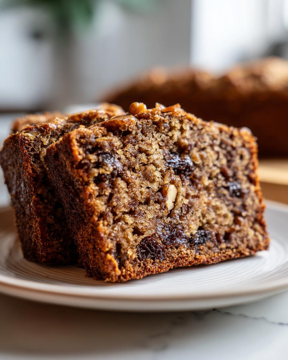 Close-up of two moist slices of date nut bread showing visible dates and walnuts on a white plate.