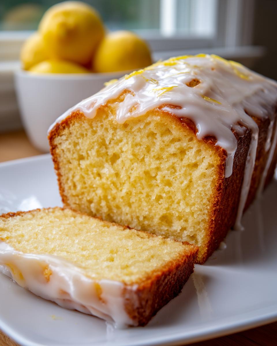 Close-up of a moist lemon pound cake loaf, partially sliced, topped with white glaze and lemon zest.