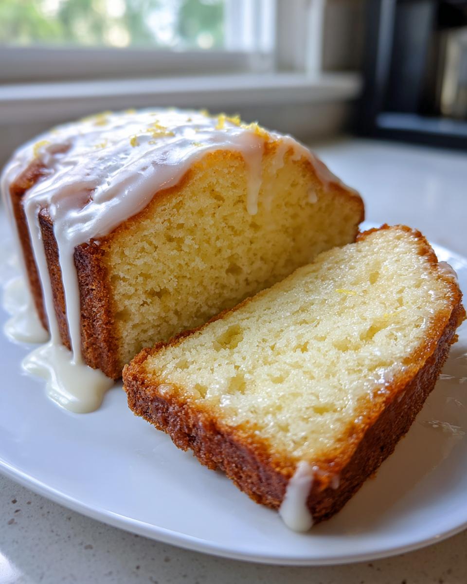 Close-up of a moist lemon pound cake, sliced to show the texture, topped with white glaze and lemon zest.