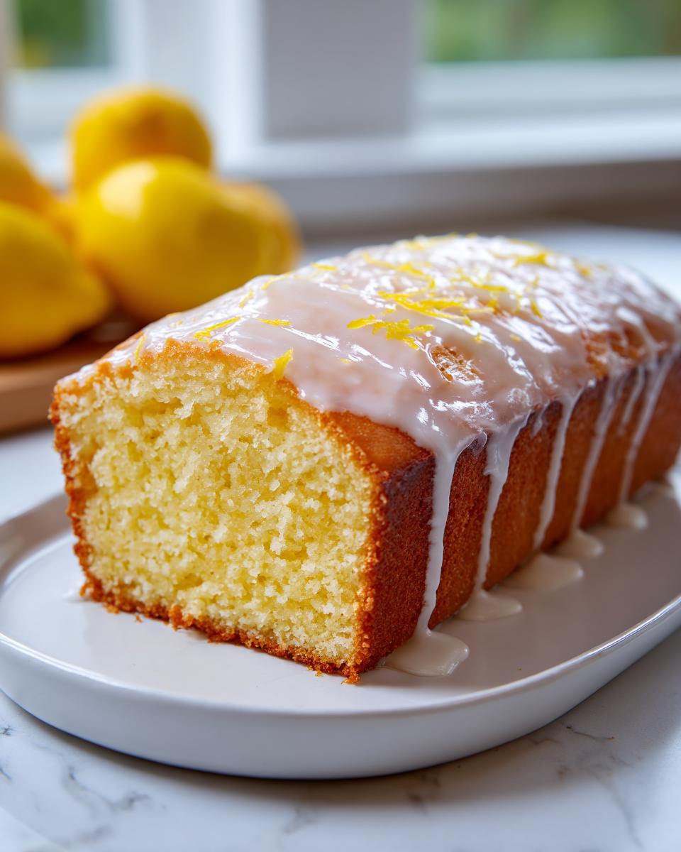 A slice of moist lemon pound cake topped with white glaze and fresh lemon zest, sitting on a white plate.