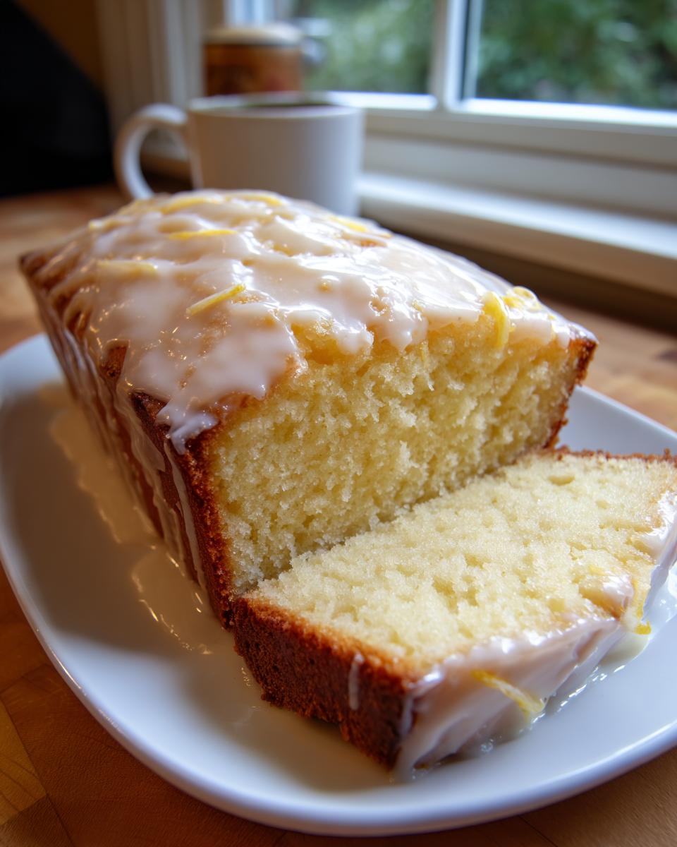 A loaf of moist lemon pound cake, partially sliced, covered in a thick lemon glaze and zest.