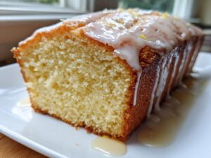 Close-up of a moist slice of lemon pound cake topped with a thick, dripping lemon glaze and zest.