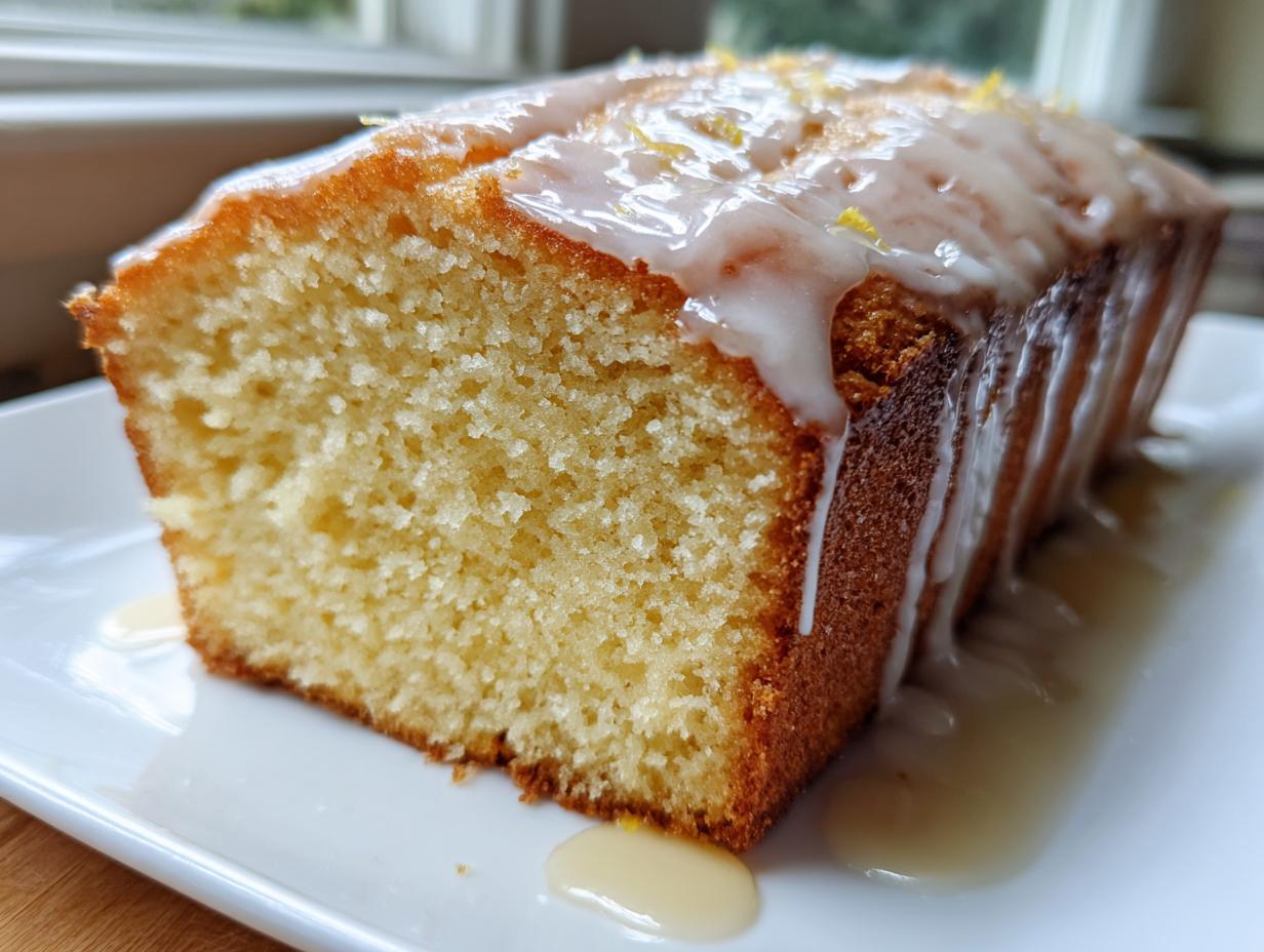 Close-up of a moist slice of lemon pound cake topped with a thick, dripping lemon glaze and zest.