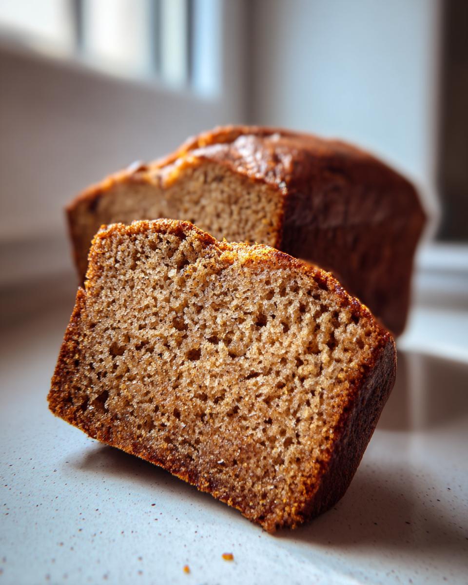 Close-up of a moist slice of sugar free banana bread showing its soft, porous texture.