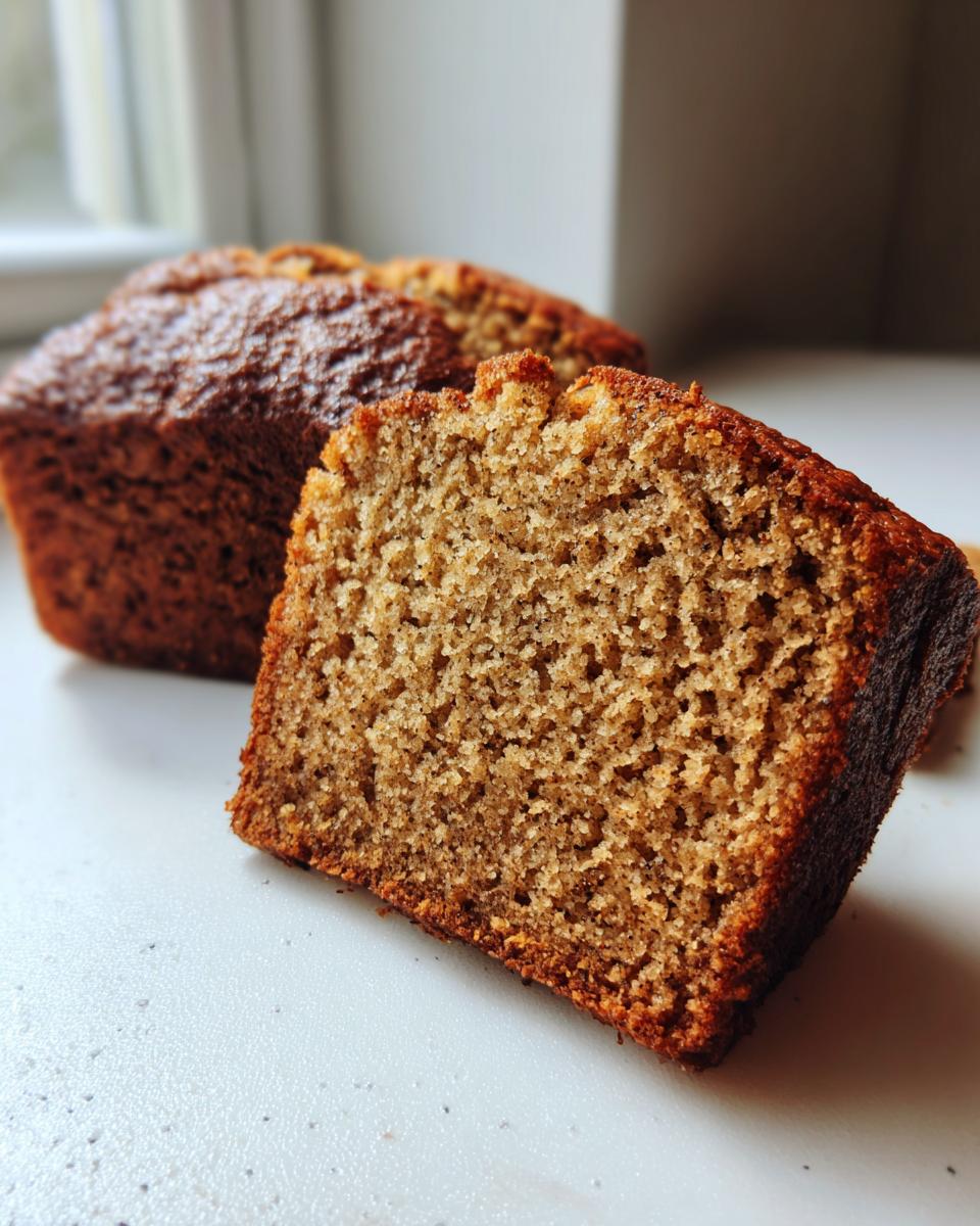 Close-up of a moist slice of sugar free banana bread showing its crumb texture next to the loaf.