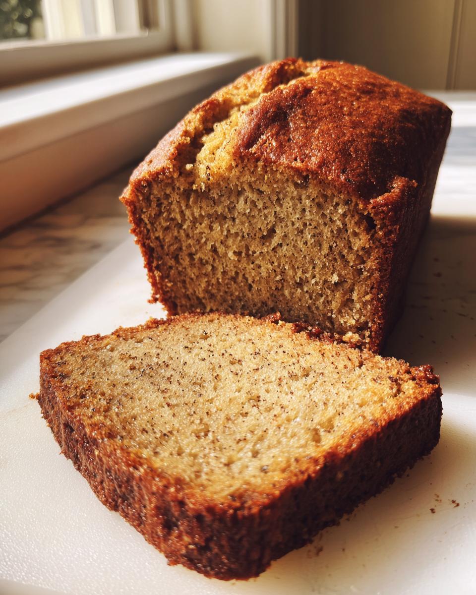 A close-up of a moist slice cut from a golden brown sugar free banana bread loaf.