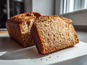 Close-up of a moist slice cut from a loaf of sugar free banana bread, showing the texture.