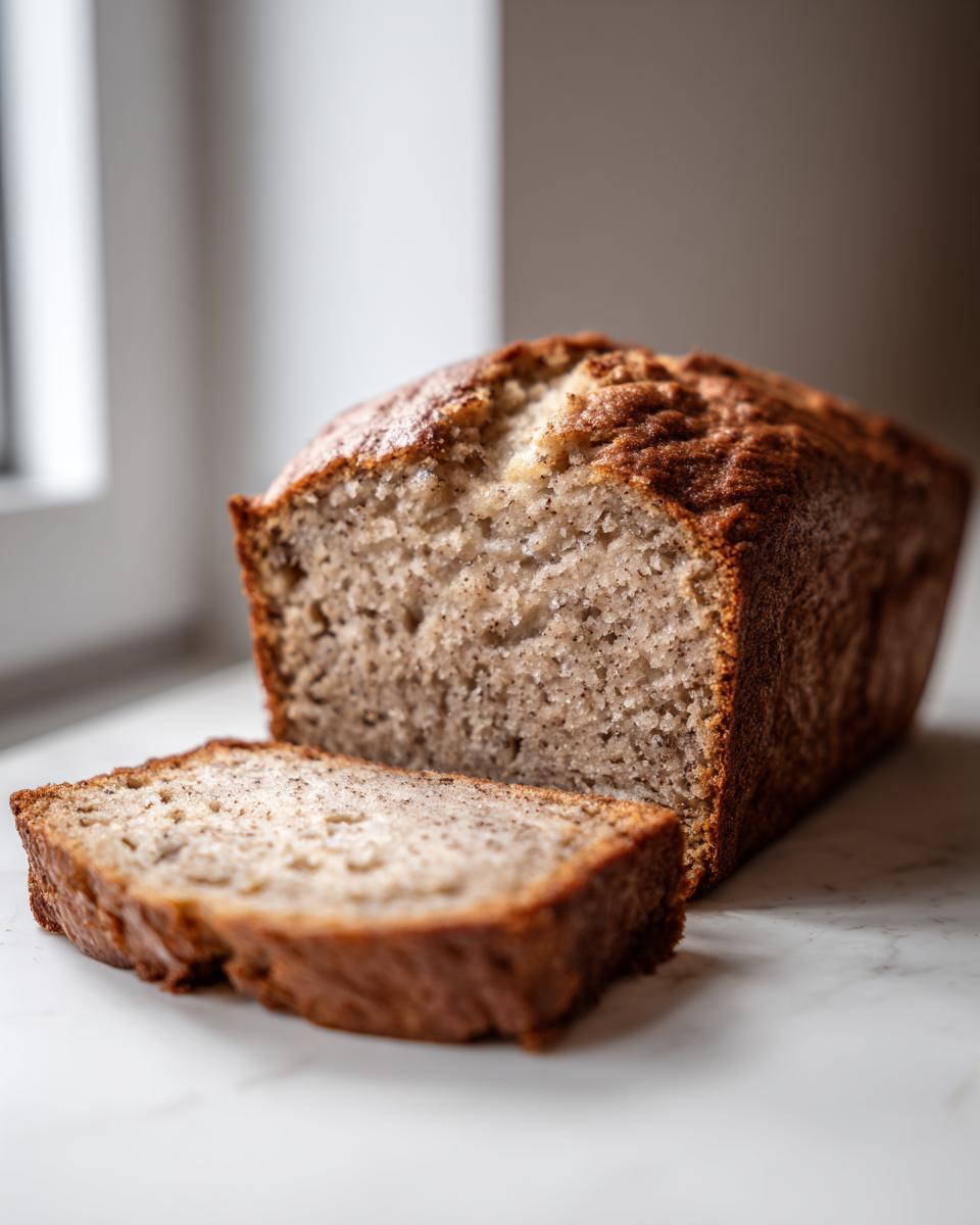 A loaf of moist sugar free banana bread with one thick slice cut and resting in front.