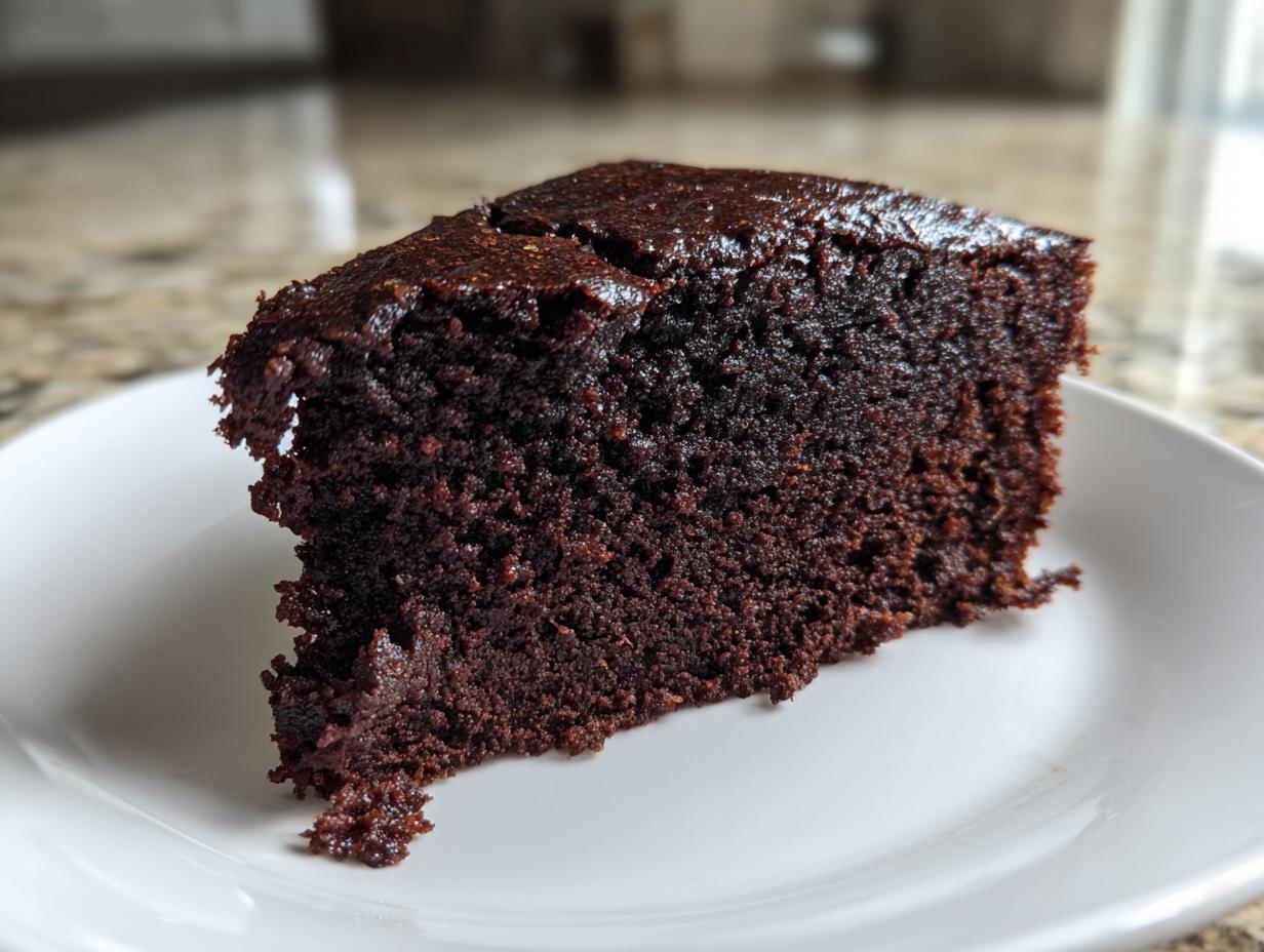 Close-up of a rich, dark chocolate slice of sweet potato brownies on a white plate.