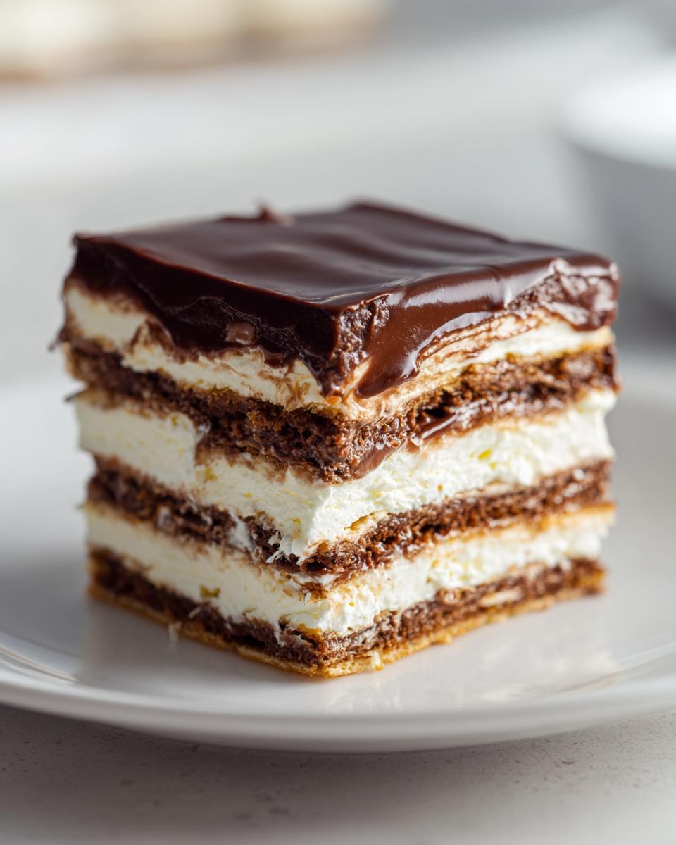 A close-up of a layered slice of no bake eclair cake featuring graham crackers, creamy filling, and rich chocolate frosting.