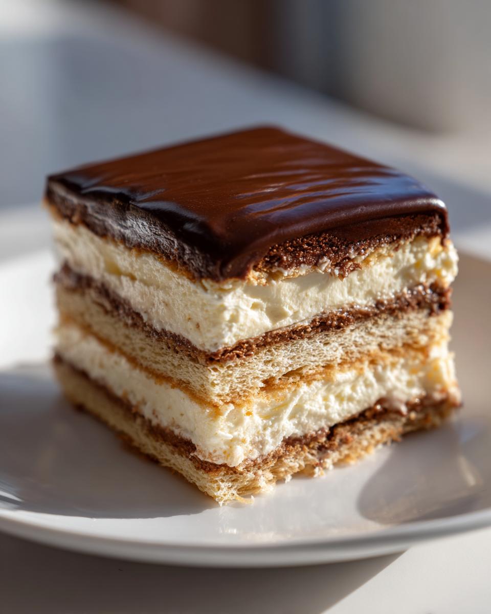 Close-up of a layered slice of no bake eclair cake featuring graham crackers, creamy filling, and shiny chocolate frosting.