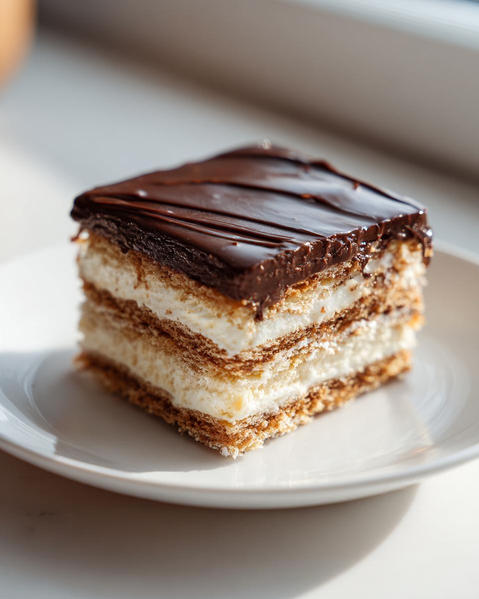 A square slice of no bake eclair cake featuring layers of graham crackers, cream filling, and a rich chocolate topping.