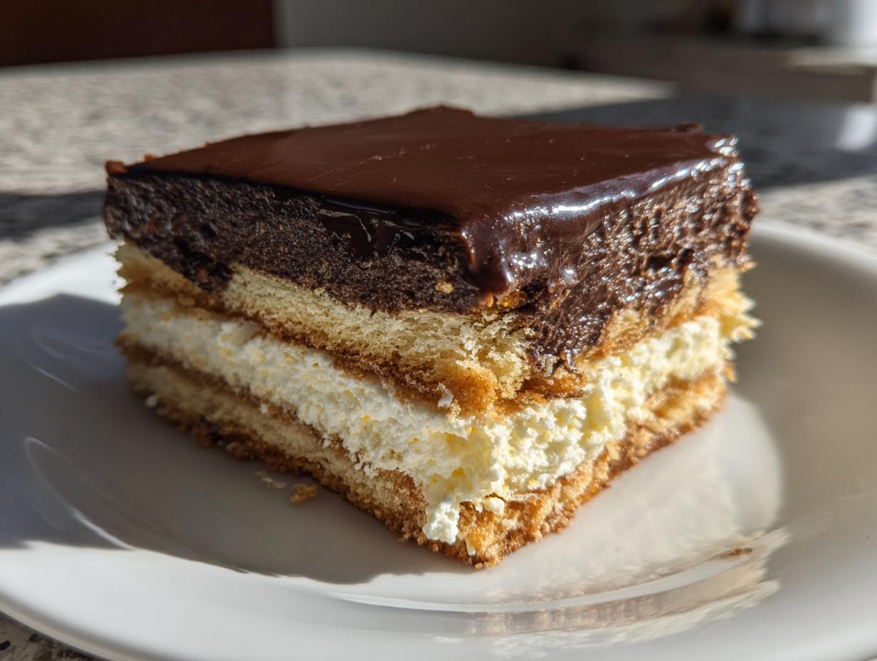 A square slice of no bake eclair cake featuring layers of graham crackers, creamy filling, and a thick chocolate topping.