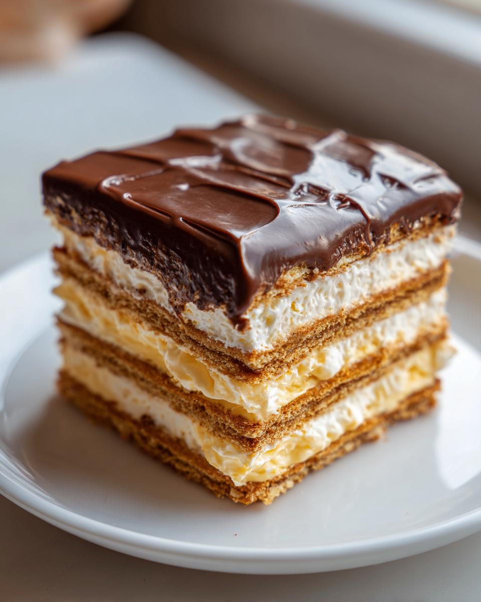 Close-up of a layered slice of no bake eclair cake featuring graham crackers, vanilla pudding, whipped cream, and chocolate glaze.