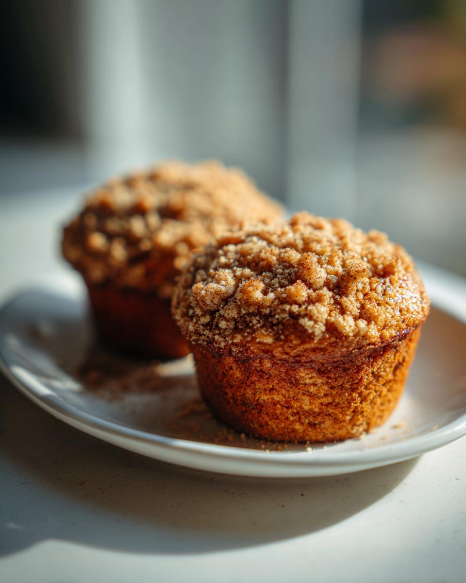Two golden brown oatmeal muffins with a thick, sugary crumb topping resting on a white plate.