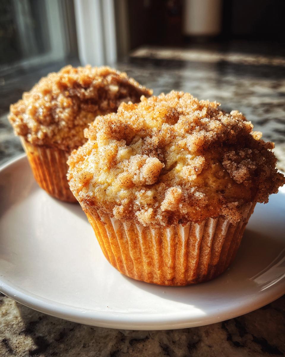 Two freshly baked oatmeal muffins with a thick, sugary cinnamon crumb topping sitting on a white plate.
