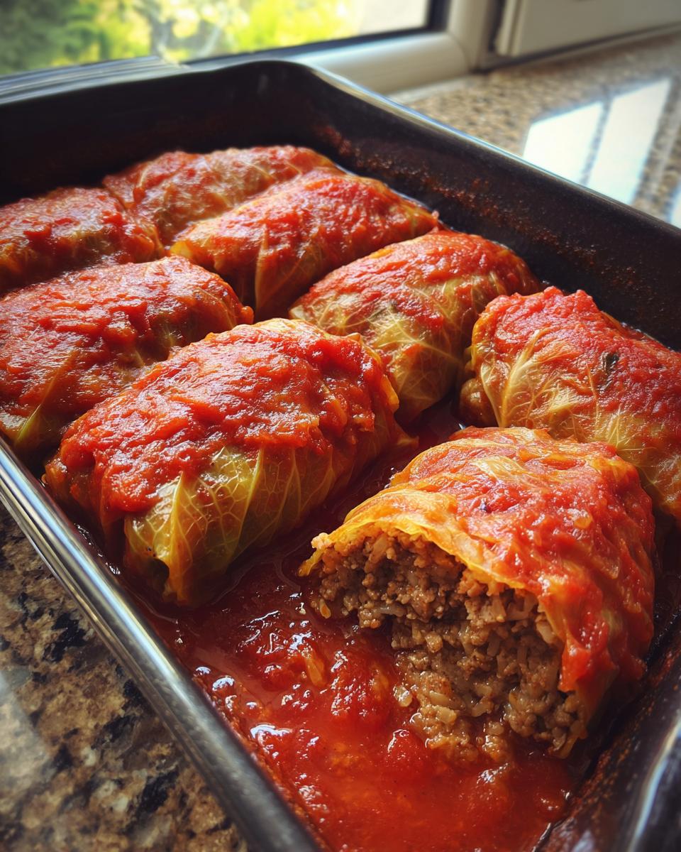 Close-up of baked cabbage rolls smothered in bright red tomato sauce in a dark baking dish.