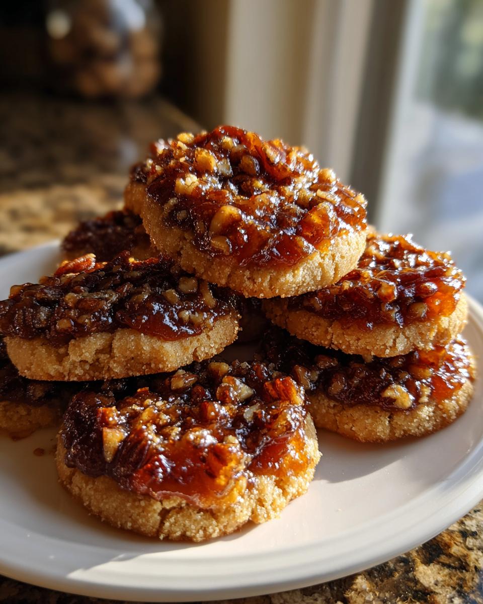 A stack of freshly baked pecan pie cookies with gooey caramel topping and chopped pecans.