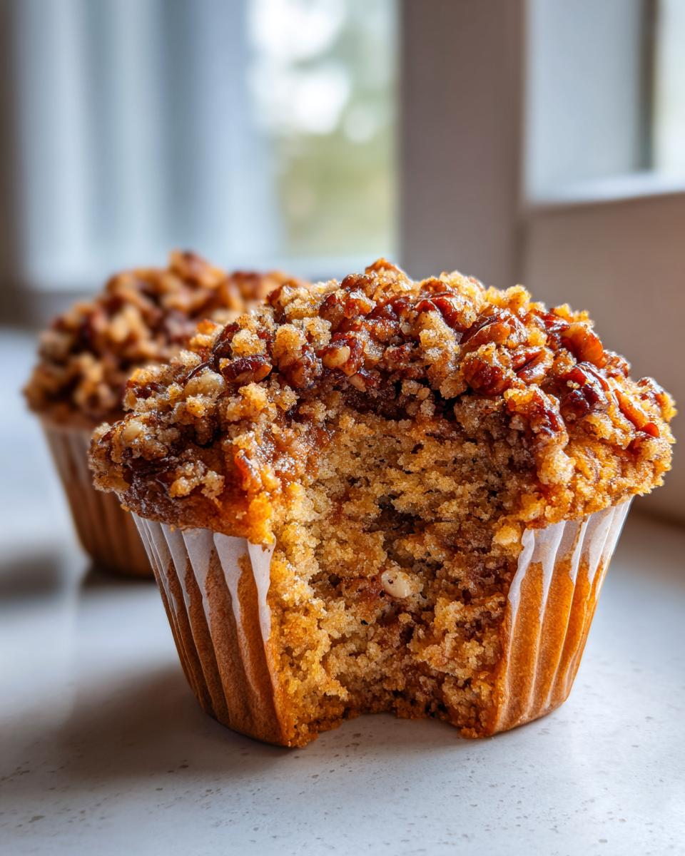 A delicious pecan pie muffin with a bite taken out, showing the moist interior and crunchy pecan topping.